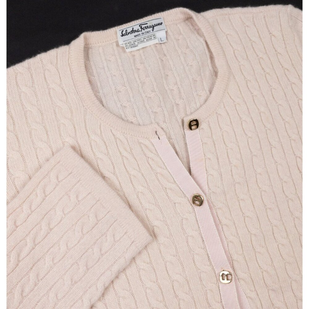 Salvatore Ferragamo Cashmere Cardigan Womens Large Cable-Knit Light Pink Sweater